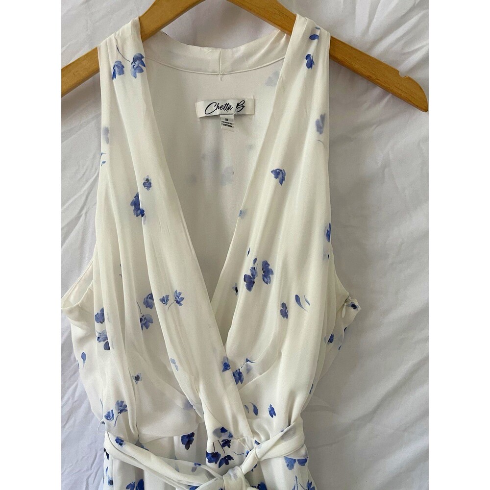 Chetta B Women’s White/Blue Floral Chiffon Wrap Maxi Dress V-Neck 10